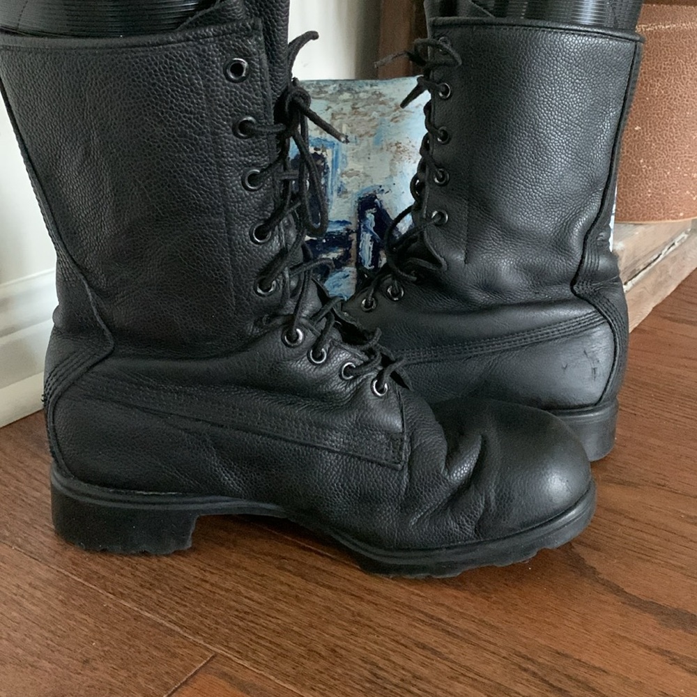 Vintage Black Leather Canadian Combat Boots Rubber Sole Lace-Up Military